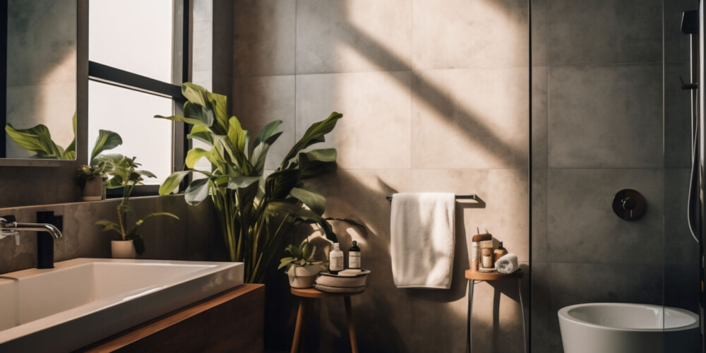 211213608 - bathroom interior with bathtub, panoramic window and green plant
