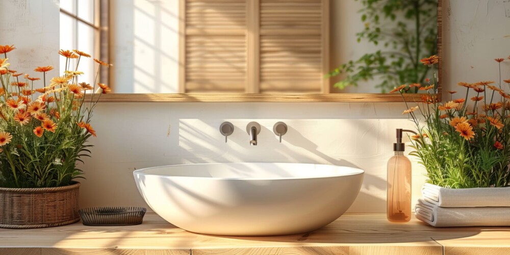 This 3D rendering shows a bathroom interior with space above the sink for a mirror or bedside table.